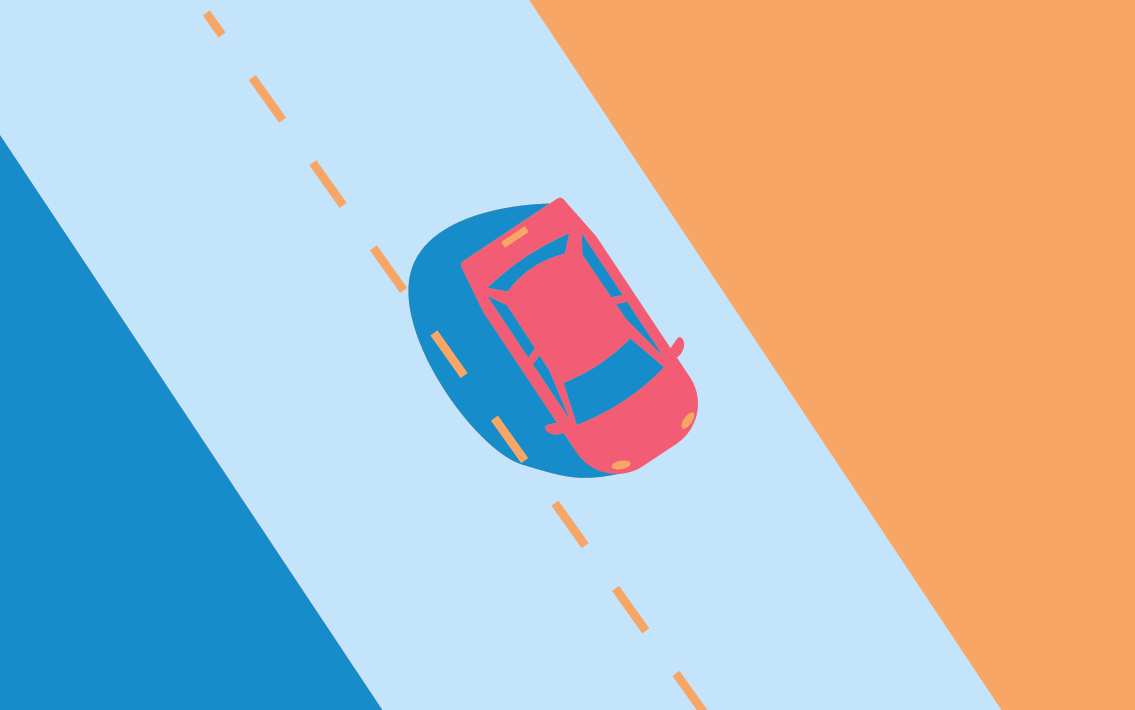 A graphic image of a car driving on a road.