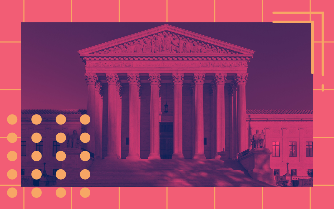 An image of the U.S. supreme court monument with a pink overlay effect