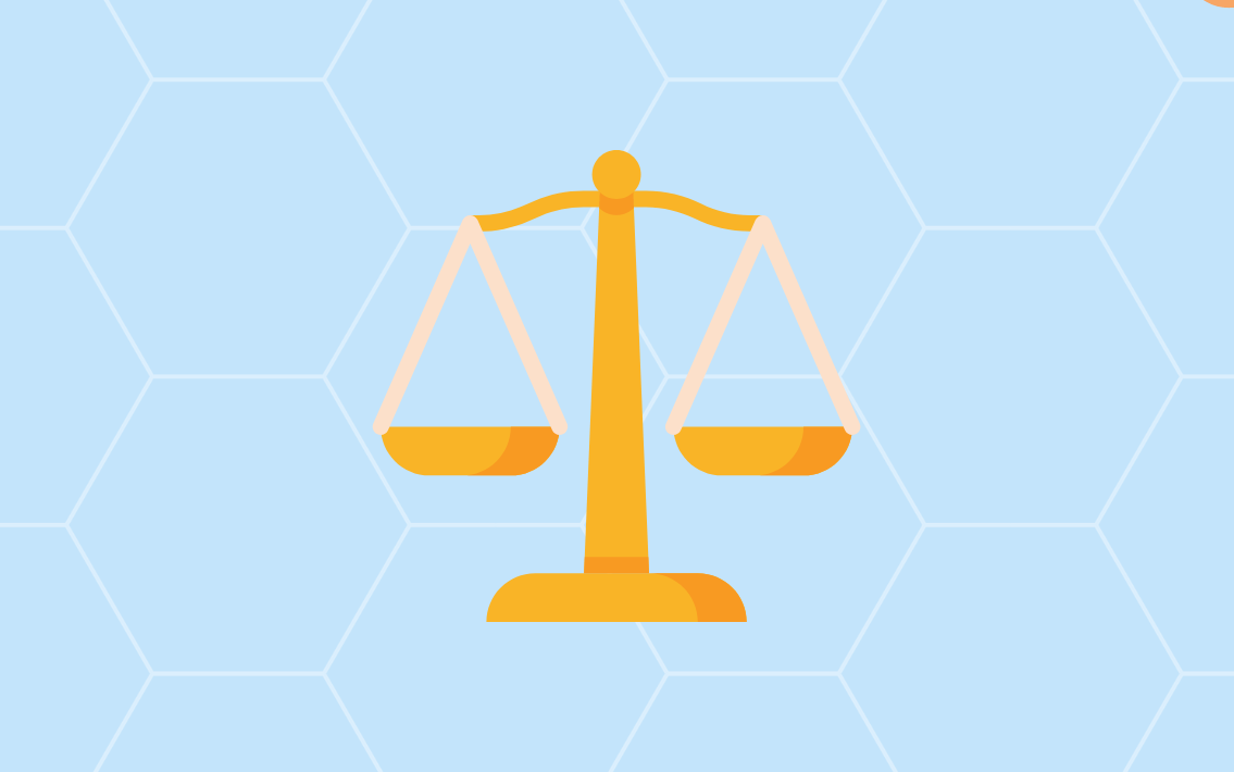 A graphic image of a golden scale against a blue hexagon patterned background
