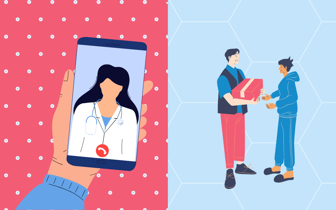 A graphic showing a provider on a phone on the left and a patient receiving their medication from a delivery person on the right.