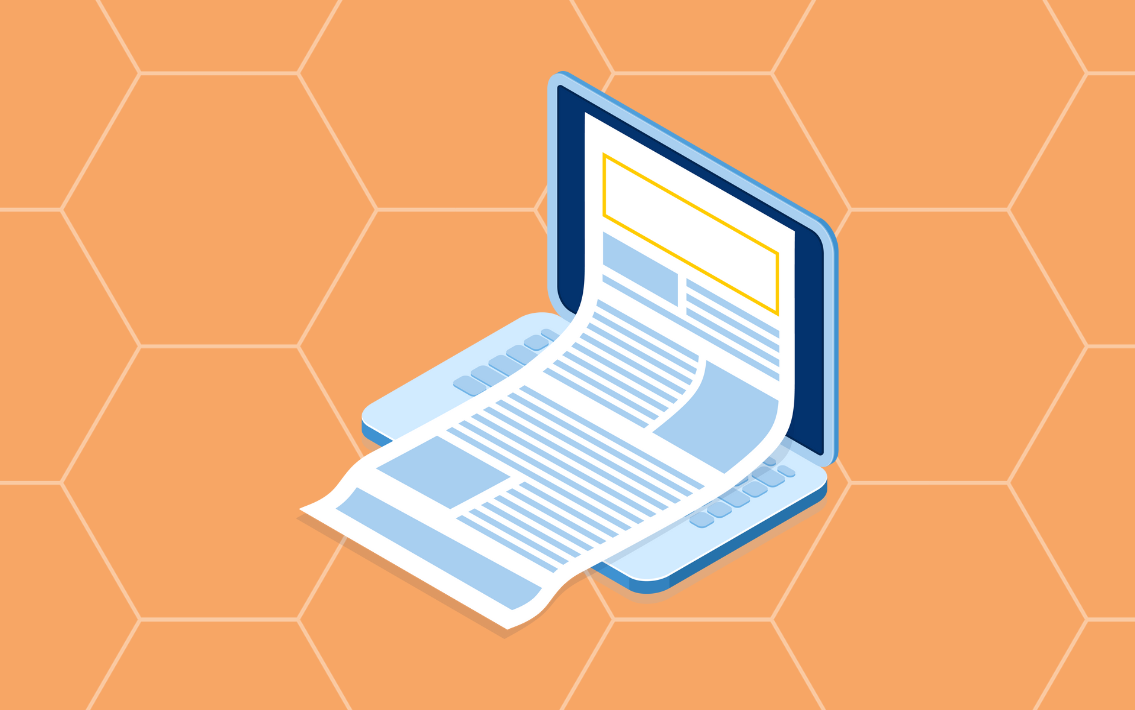 A graphic image of a document on top of an open laptop screen.