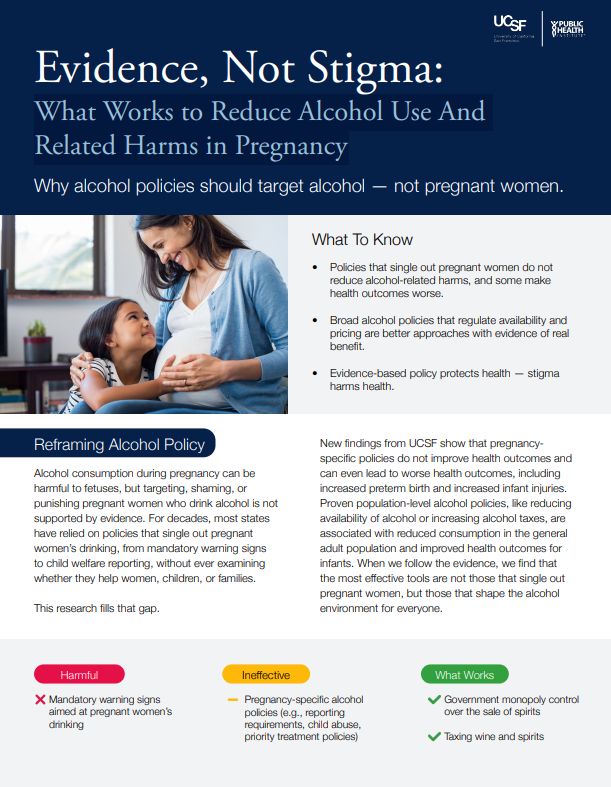 A screenshot image of the first page of Evidence Not Stigma, a factsheet about what works to reduce alcohol use and related harms in pregnancy 